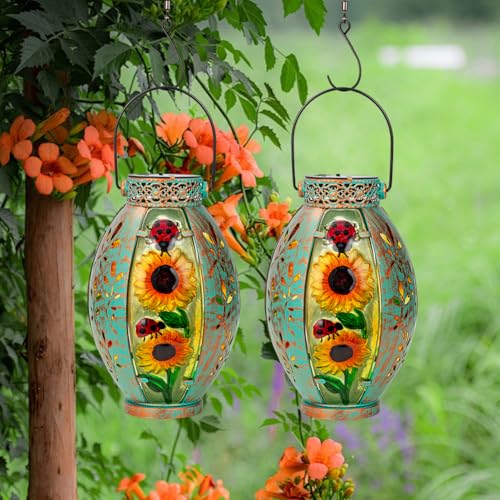 STARSOUL 2 Pack Solar Lantern Outdoor Waterproof, Hanging Solar Lantern for Patio Garden Yard Decor, Sunflower Garden Decor, Sunflower Gift for Women - color: Sunflower-B