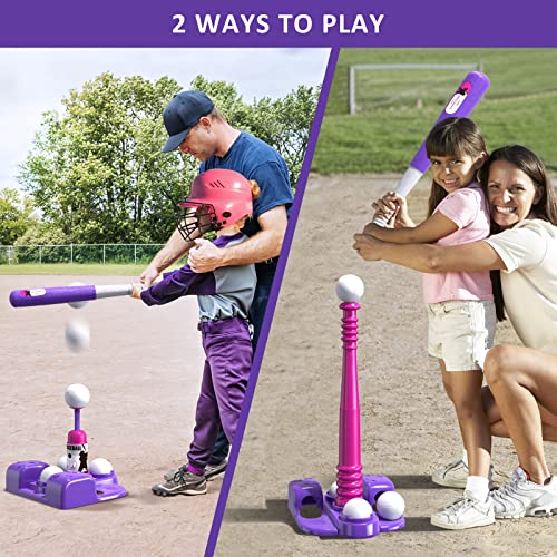 QDRAGON 2 in 1 T Ball Sets for Kids 3-5 5-8, Tee Ball Set with Automatic Pitching Machine/Adjustable Batting Bat & Stand/6 Balls, Baseball Toys Outdoor Sport for Toddlers Girls, Pink - color: Pink
