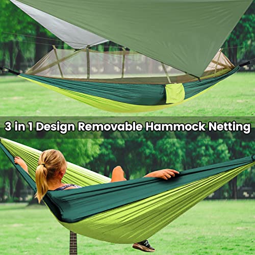 Camping Hammock with Mosquito Net & Rain Fly Tent Tarp & Tree Straps Portable Strong Nylon Hammock Parachute Tent w/Storage Bag for Camping Hiking Backyard Outdoor Backpacking Travel - color: Green+light Green