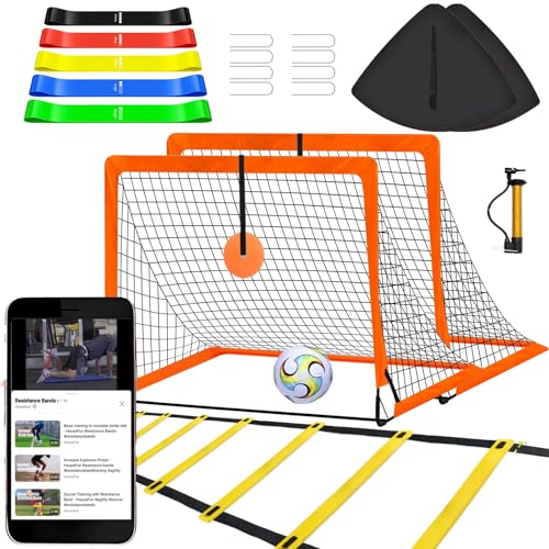 Soccer Goal for Backyard, 4'x3' Pop Up Football Goal, Target Practice for Young, Optional Soccer Equipment with Portable Goal, Soccer Training Mat/Cones/Resistance Bands/Agility Ladder - style: Goal*2, Resistance Bands Set*1, 20FT & 12 Rungs Agility Ladde