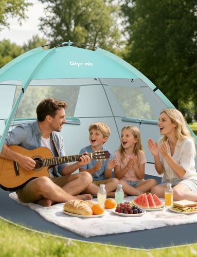 Glymnis Beach Tent Sun Shelter for 4 Person with UPF 50+ UV Protection, Lightweight & Easy Setup Beach Shade Canopy with Vent Windows & Zippered Door - Green - color: Green, size: 4 Person