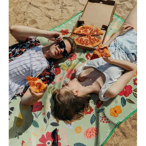 Picnic Blankets Waterproof Extra Large, 80"x 80" Outdoor Beach Blanket Sandproof Oversized Foldable Lightweight Portable 3-Layer Camping Mat for Parks,Hiking,Travel,Music Festival(Boho Flower) - color: Green Boho Flower, size: 6'8" x 6'8" (Square)