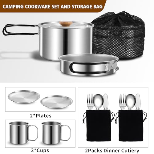 13Pcs Outdoor Camping Cookware Set, Lightweight Pot Pan with Stainless Steel Fork Spoon Kits、Cups and Plate, Perfect for Camping Trips and Climbing