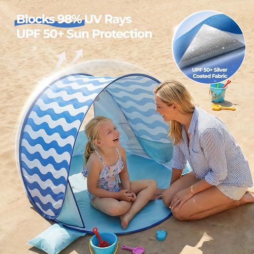 Pop Up Baby Beach Tent - Baby Tent for Toddler Beach Essentials with UPF 50+ UV Protection Canopy, Portable 41.4 x 35.5 x 31.5 in Sun Shade Summer Outdoor for Infants (Blue Wave Stripes) - color: Blue Wave Stripes