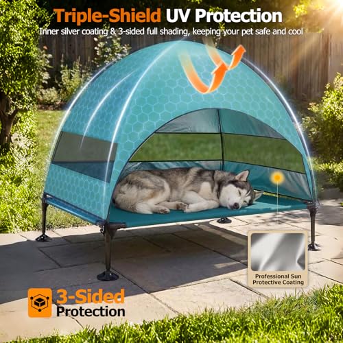 Elevated Dog Bed with UV-Proof Canopy, Outdoor Dog Tent with Powerful Adjustable Feet, Portable Pet Cot with Wider Shade, Raised Cooling Bed for Camping, Patio, Beach, Poolside - color: Aqua, size: Large: 42.0"L x 30.0"W x 33.0"Th