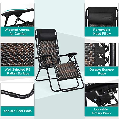 COSTWAY 2PCS Zero Gravity Lounge Chairs, Patio Rattan Recliner with Pillow, Lockable, Foldable & Lightweight, Suitable for Outdoor Use (Mix Brown) - color: Mix Brown