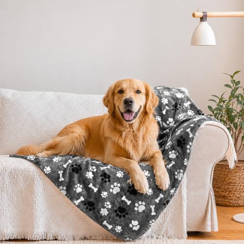 Waterproof Dog Blanket, Pattern Printing Super Soft Warm Fluffy Facecloth Sofa Car Bed Protector, Urine Proof Washable Outdoor Pet Blanket for Puppy Large Dogs & Cats(paw & Bone25*30) - color: Grey | Bone, size: Small