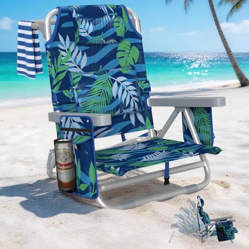 5-Position Backpack Beach Chair for Adults with Lumbar, Foldable Tall Heavy-Duty Beach Chairs with Cooler Bag,Cup Holder,Towel Rack for Beach, Camping, Outdoor (1, Blue&Green) - color: Blue&green, size: 1 pack