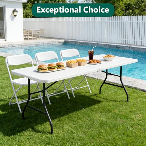 Folding Table 72" x 30" - Heavy Duty Plastic Table with Handle, Foldable & Portable, Fold-in-Half Utility Tables for Outdoor, Dining, Wedding, Events, Indoor, Picnic, Camping, Party (White) - color: White, size: 72in x 30in