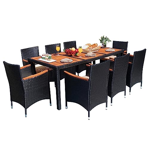 Devoko Outdoor Patio Dining Sets 9 Pieces Wicker Outdoor Dining Table and Chairs Set with Acacia Wood Table Top and Widened Armrests for Backyard, Garden, Deck (Black) - color: Black, style: 9 Piece Dining Set