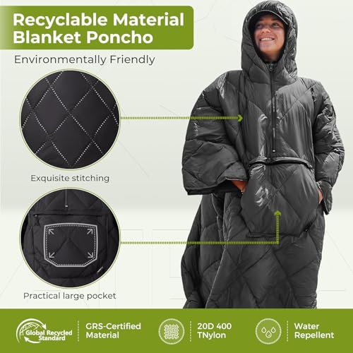 ATEPA Wearable Sleeping Bag, Recycled Water-Resistant Camping Blanket Poncho, Ultralight Packable Stadium Blanket for Outdoor - color: Black