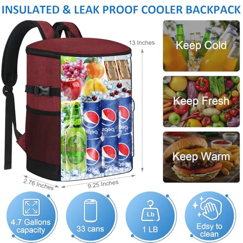 Tenot Cooler Backpack 33/40 Cans Backpack Coolers Insulated Leak Proof Soft Beach Cooler Bag for Men Women Ice Chest Backpack Camping Hiking Picnic Travel Cooler Lunch Backpack - color: Dark Red, size: 33 Cans