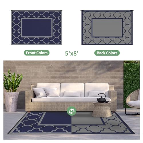 GENIMO Outdoor Rug 5' x 8' Patio Waterproof, Foldable Reversible Plastic Straw Area Rugs Mat for Camper Decor, Outside Carpet for Rv, Deck, Porch, Picnic, Beach, Balcony, Blue & Grey - color: Blue & Grey, size: 5' x 8' (Rectangular)