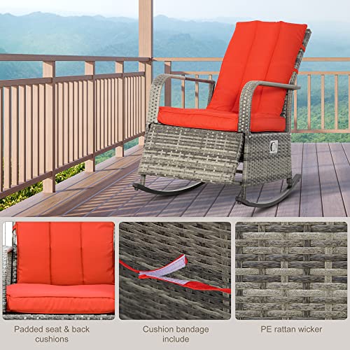 Outsunny Wicker Outdoor Rocking Chair, Patio Recliner with Adjustment Backrest, PE Rattan Lounge Chair with Adjustable Footrest and Cushions for Garden, Backyard, Porch, Red - color: Mixed Brown/Red