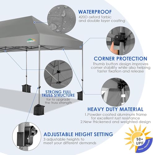 COBIZI 10x20 Heavy Duty Pop up Canopy Tent with 6 sidewalls Easy Up Commercial Outdoor Wedding Party Tents for Parties All Season Wind & Waterproof Gazebo Roller Bag, Light Grey(Frame Thickened) - color: Light Grey, size: 10x20 With 6 Sidewalls