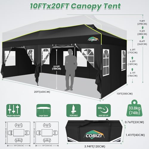 COBIZI 10x20 Pop Up Canopy Tent with 6 Removable Sidewalls, One Push Party Tent Outdoor Waterproof Event Canopy with Air Vent for Parties Commercial Wedding, 3 Height, Carry Bag, Sandbag, Black - color: Black, size: 10x20【with 6 sidewalls】