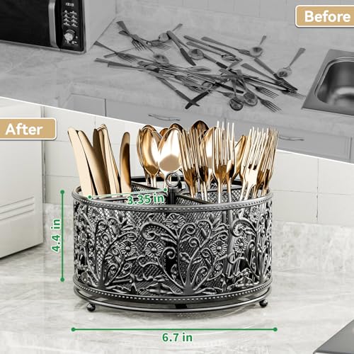 YIUKEA 360° Rotating Utensil Caddy - Silverware Cutlery Caddy Holder with 4 Compartment, Metal Flatware Organizer Countertop with Handle for Party Camping Picnic, Kitchen Counter, Office (Black) - color: Black