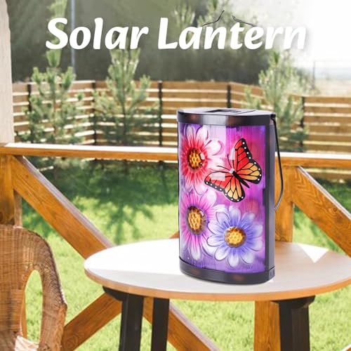 Hanging Solar Lantern Outdoor Waterproof Flowers Butterfly Solar Lights Glass Tabletop Decorative Lamp for Outdoor Patio Garden Outside Yard Decor - style: Flower and Butterfly