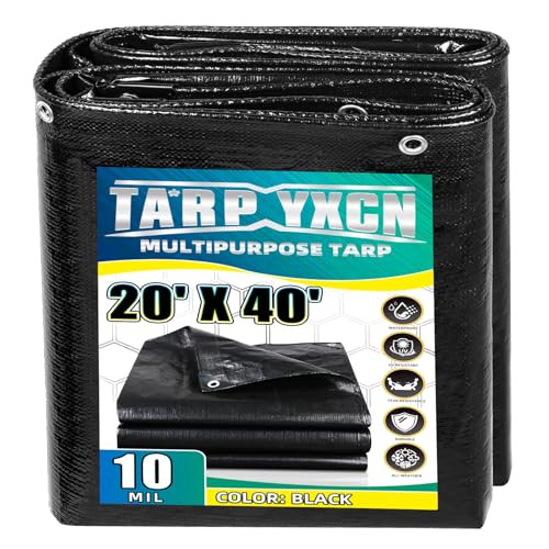 Black Tarp 20x40 Feet, 10 Mil Thick Waterproof Poly Tarps Cover UV Resistant, Rip & Tear Proof with Metal Grommets Every 20 Inches - color: Black, size: 20x40 Ft