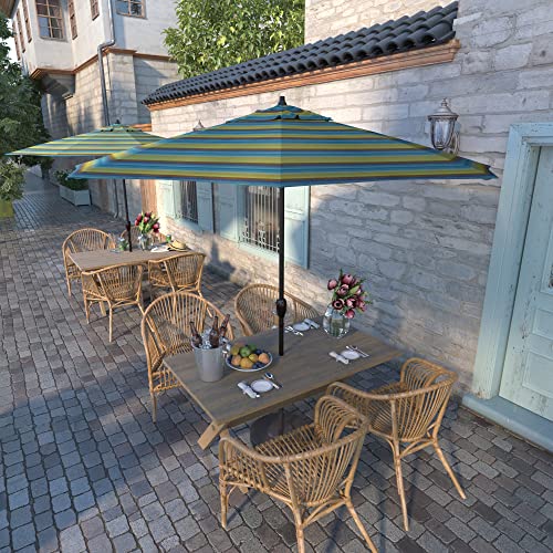 California Umbrella 12-Year Protection 9-Ft Outdoor Patio Umbrella, Sunbrella Fade-Resistant Acrylic Fabric, Auto Tilt and Crank, Heavy-Duty Aluminum Frame/ Reinforced Ribs, Bronze Pole, Astoria Lagoon - color: Astoria Lagoon