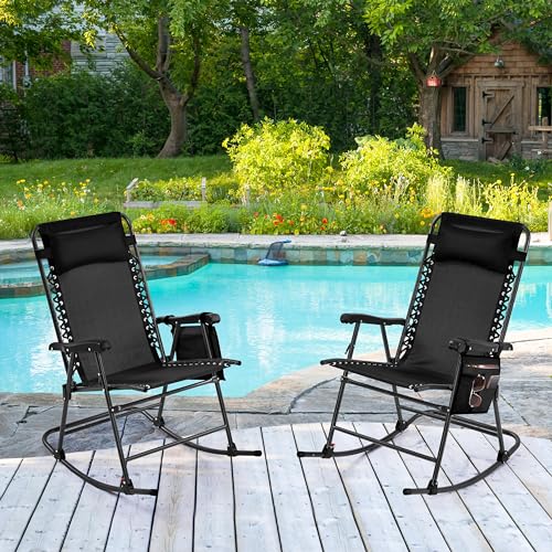 Yaheetech 26in Rocking Chair Outdoor Zero Gravity Folding Chairs Rocking Chairs Foldable Outdoor Reclining Lounge Chair for Outside Lawn with Cupholder/Pillow Ergonomic Design for Rest, Black - color: Black, size: 1 Pcs