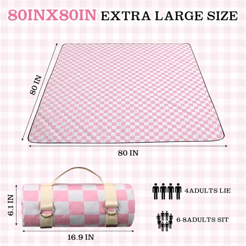 Nuanchu Checkered Picnic Blanket Extra Large Outdoor Blanket Sandproof 80"x80" Waterproof Portable Machine Washable 3 Layer Thick Gingham Picnic Mat for Beach Camping Park Grass Travel (Light Pink) - color: Light Pink