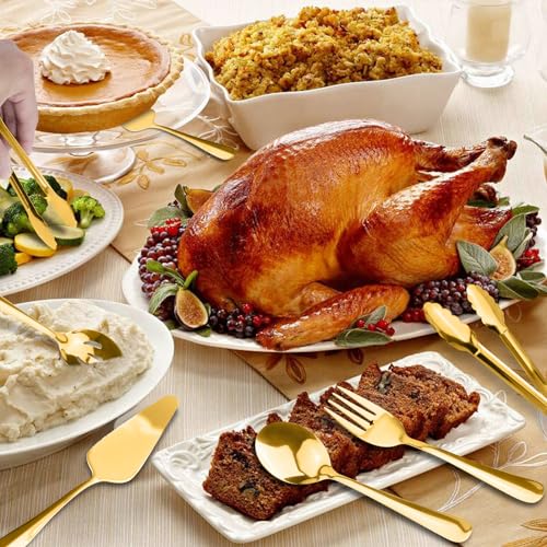 Serving Utensils, XEVOM 6-Piece Stainless Steel Serving Utensil Set Include Serving Spoon, Slotted Serving Spoon, Serving Fork,Serving Tong, Appetizers Tong,Pie Server(Gold) - color: Gold