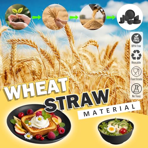 Wheat Straw Dinnerware Sets for 8, 32 PCS Unbreakable Plates and Bowls Sets, Reusable Dinnerware Set for Kitchen Outdoor and Apartment Dinning Essentials - Black - color: Black, size: 32 PCS