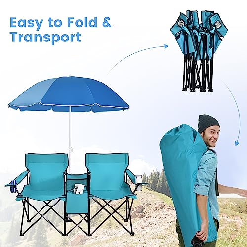 Double Camping Chair, 2-Person Portable Beach Chair w/Removable Umbrella, Cup Holders & Carrying Bag, Folding Loveseat Chairs for Adults Outdoor Picnic (Turquoise) - color: Turquoise