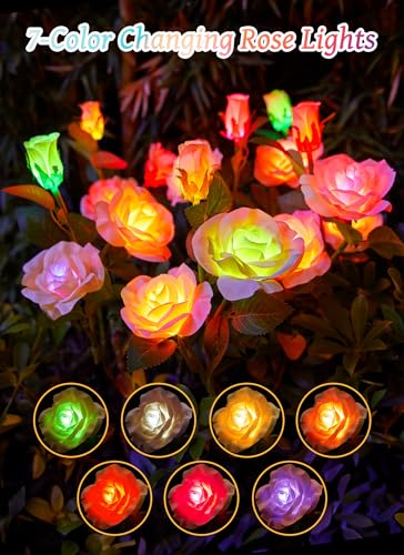 Brightown Outdoor Solar Flower Lights, 4 Pack 7-Color Changing Solar Garden Lights with Larger & More Realistic Rose, Bigger Solar Panel, Waterproof Solar Lights for Yard Garden Lawn Pathway Decor - color: 7 Color Rose