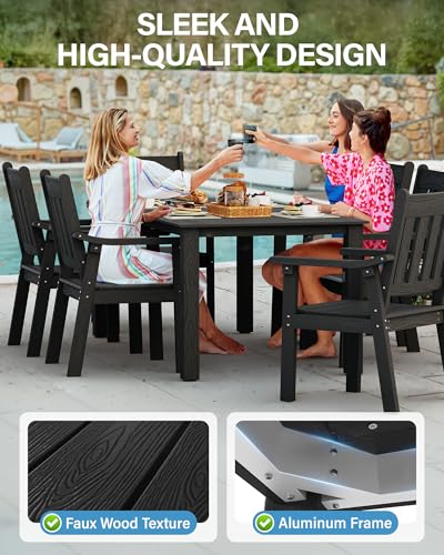 YEFU HIPS Patio Table Set: 7 Piece Outdoor Table and Chairs Patio Furniture Set with Umbrella Hole - Black Modern Plastic Dining Sets 6 Person for Outside Deck with Metal Aluminum Frame - color: Black, size: 7 Piece