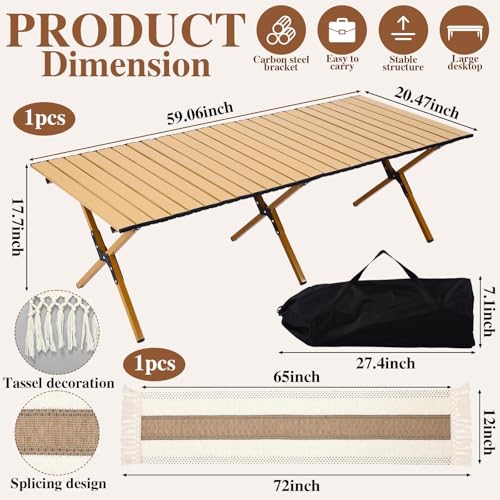 Novabright 10 Pcs Picnic Kit Folding Picnic Table 59'' x 20.5'' Large Outdoor Boho Blanket 91'' x 71'' Beige Table Runner 6 Floor Pillows Cushions Woven Cotton Oversize Washable for Camp Wedding