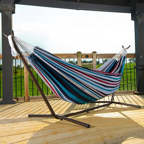 Vivere Double Cotton Hammock with Space Saving Steel Stand, Upgraded Polyester End Strings 450 lb Capacity - Premium Carry Bag Included - USA Grown Cotton (Denim) - color: Denim