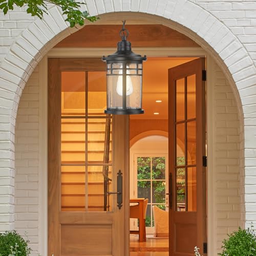 Darkaway Outdoor Pendant Lights for Porch, Outdoor Chandelier Hanging Porch Lights Ceiling Mount Aluminum with Seeded Glass for Front Porch Gazebo Patio (Medium, Black) - color: Black, size: Medium Size