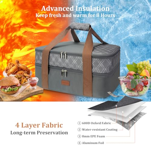 Expandable Casserole Carrier Bag - Double Decker Food Bag, Insulated Casserole Carrier for Hot or Cold Food, Lasagna Holder Tote for Picnics,Beaches,Traveling or Gifts - color: Grey