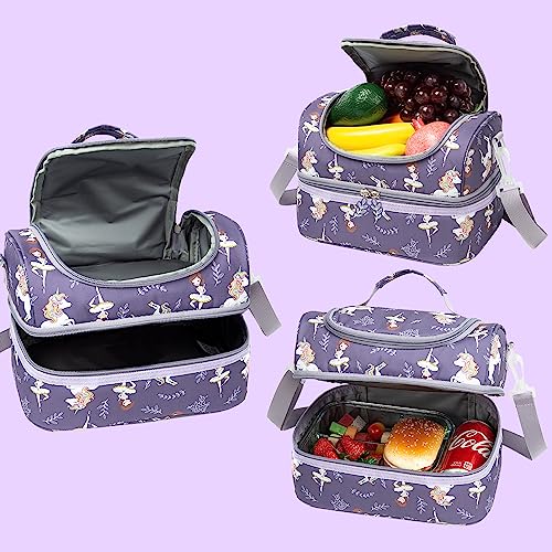 Insulated Kids Dual Compartment Lunch Bag Tote Pack for Girls Boys Toddler Kindergarten School Picnic Food Cooler Hot Water Ice with Strap (Ballet Dancer) - color: Ballet Dancer