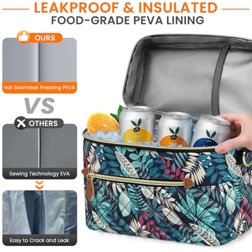 Tenot Insulated Lunch Box for Women Reusable, Leak Proof Cooler Lunch Bag Women for Work Stylish Quilted Lunch Tote Bag for Adult Picnic Travel Hiking Blue Leave - color: Blue Leave