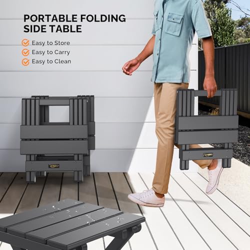 VINGLI Small HDPE Folding Side Table, Plastic Waterproof Portable Adirondack Coffee End Tables, All Weather for Patio, Backyard, Pool, Indoor Use, Slats Style, Black