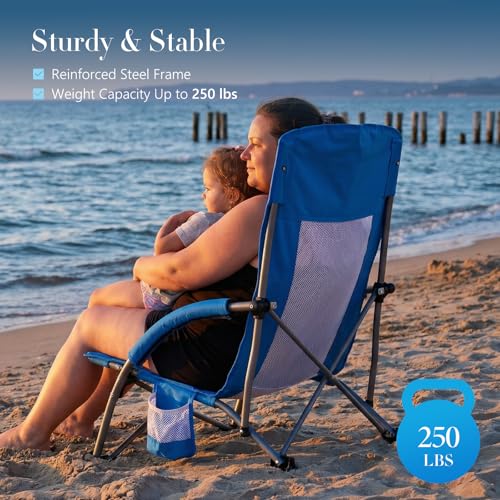 DUMOS Low Camping Beach Chair, Lightweight Folding Portable Beach Chair with Cup Holder, Storage Pocket, Breeze Mesh Back, Padded Armrests, Low Profile Chair for Camp, Picnic, Lawn, Sand, Blue - color: Blue, size: 25.79*22.24*27.36inch