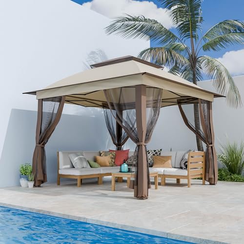 11'X11' Gazebo Pop Up with 4 Sidewalls Mosquito Netting, Heavy Duty Patio Gazebo Canopy Tent with Double Air Roofs for Backyards, Patios, Decks, Gardens, Parks - color: Beige Top