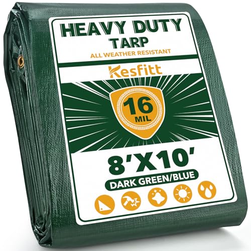 Kesfitt 16 Mil Heavy Duty Waterproof Tarp with Metal Grommets, Dark Green & Blue Reversible Poly Tarp, 8x10 ft, for Outdoor Protection, Yard, Garden, Farm, Camping & Equipment Coverage - color: 16mil-green/Blue, size: 8x10 ft