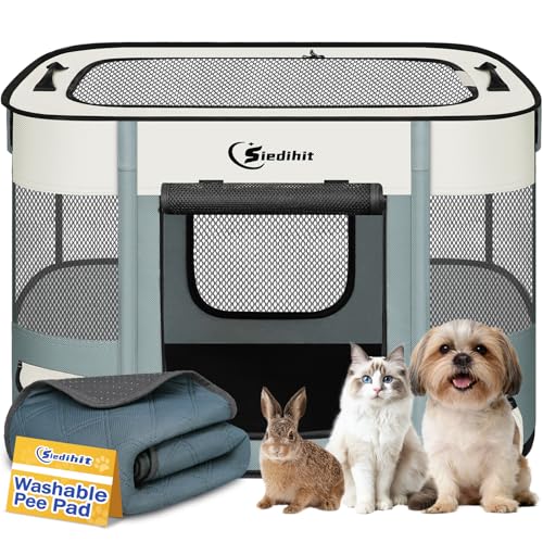 Dog Playpen,Cat Pet Puppy Pen,Portable Playpens for Dogs Indoor Outdoor Travel Camping Use,Foldable Dog Kennel Tent Crate for Rabbit Small Animals with Carrying Case (Grey with Pad, Small) - color: Grey with Pad, size: Small