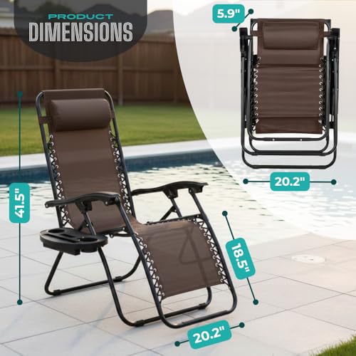 Zero Gravity Lounge Chair Adjustable Outdoor Reclining Chair Folding Patio Anti-Gravity Indoor Outdoor Lounge Chair w/Pillow, Cup Holder (One Chair - Brown) - color: One Chair - Brown