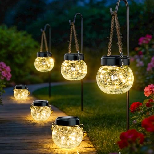 ROSHWEY 6 Pack M Size Solar Lantern Gifts for Women, Hanging Garden Decor Solar Lights Outdoor Waterproof with 15 LED for Halloween Christmas Easter Gift - size: M Size, 6 Pack
