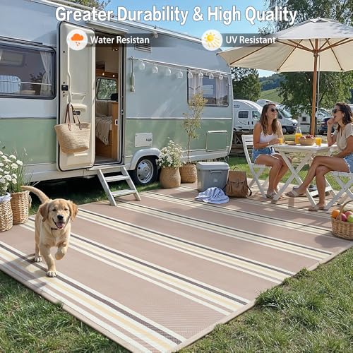 PureCozy Outdoor Waterproof 5x8 Rug for Patio Reversible Plastic Straw Beige Striped Camping Mat Outside Lightweight Large Floor Mat for RV Deck Beach Balcony Picnic Backyard Entry Porch - color: Stripe | Beige Cream, size: 5' x 8' (Rectangular)