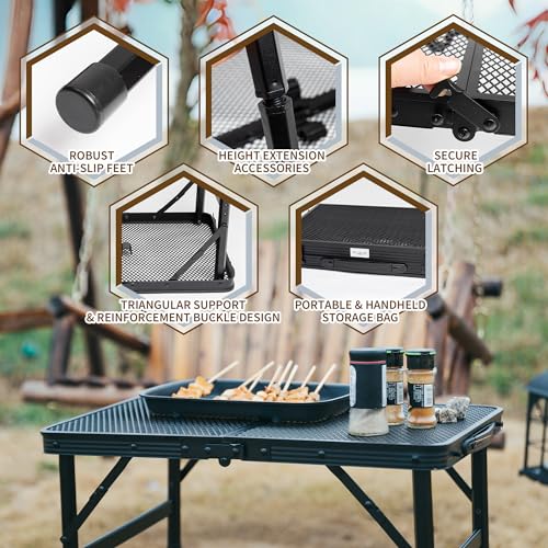 HPC Decor Folding Grill Table-Camping Table with Mesh Desktop,Portable Picnic Table with Carry Handle,27/56cm Height Adjustable Metal Table-Outdoor Grill Table,Folding Table for Outside Inside Use. - size: 2*1.8FT