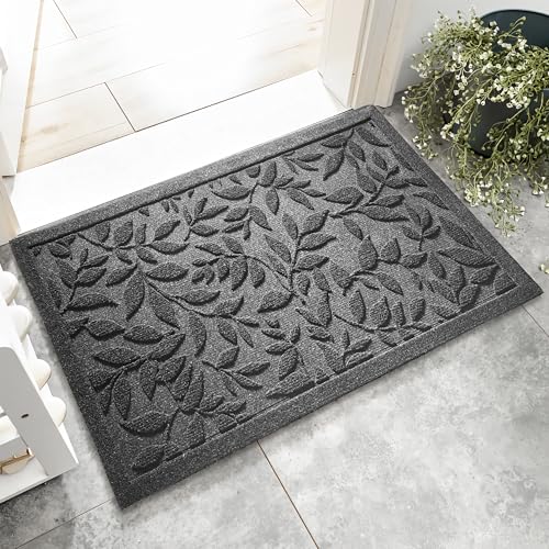 Grey Leaves Outdoor Indoor Entrance Doormats, Absorbent Durable Heavy Duty Welcome Front Door Mat,Thick Natural Rubber Back,Easy Clean Entryway Mat 17x30 Inch, Low Profile - color: Leaves-grey, size: 1'5" x 2'6" (Rectangular)