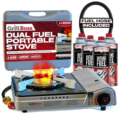 Grill Boss Dual Fuel Camp Stove w/ 4x 8oz Butane Canisters - 12,000 BTU Butane & Propane Portable Stove for Camping, Emergencies, BBQ, Hiking & Backpacking - Double Wind Guard, Piezo Ignition - 90057 - style: Stove&Fuel Combo