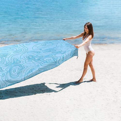 Beach Blanket Waterproof Sandproof, 78”x 86” Large Sand Free Beach Mat with 4 Stakes & Portable Bag, Big Flodable Compact Outdoor Pockets Picnic Blanket - color: Blue Coastline, size: 6.5x7.2 FT (1～4 person)