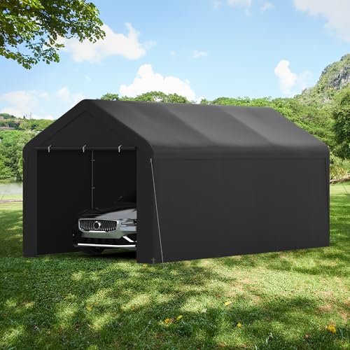 Carport, 10‘ x 20’ Heavy Duty Portable Garage All-Season Car Canopy w/Removable Sidewall & Doors, Carport Canopy Party Tent w/Water-Resistant Tarp for Backyard (Black, 10‘ x 20’) - color: Black, size: 10' x 20' /with side